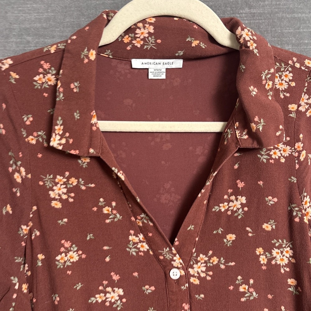 American Eagle Dress M Brown Ditzy Floral Shirtdress Ruffle Shift 90s y2k Retro - Picture 4 of 14